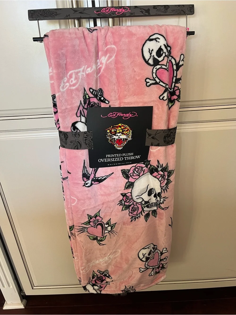 Ed Hardy Pink Skull & Rose Plush Oversized Throw Blanket